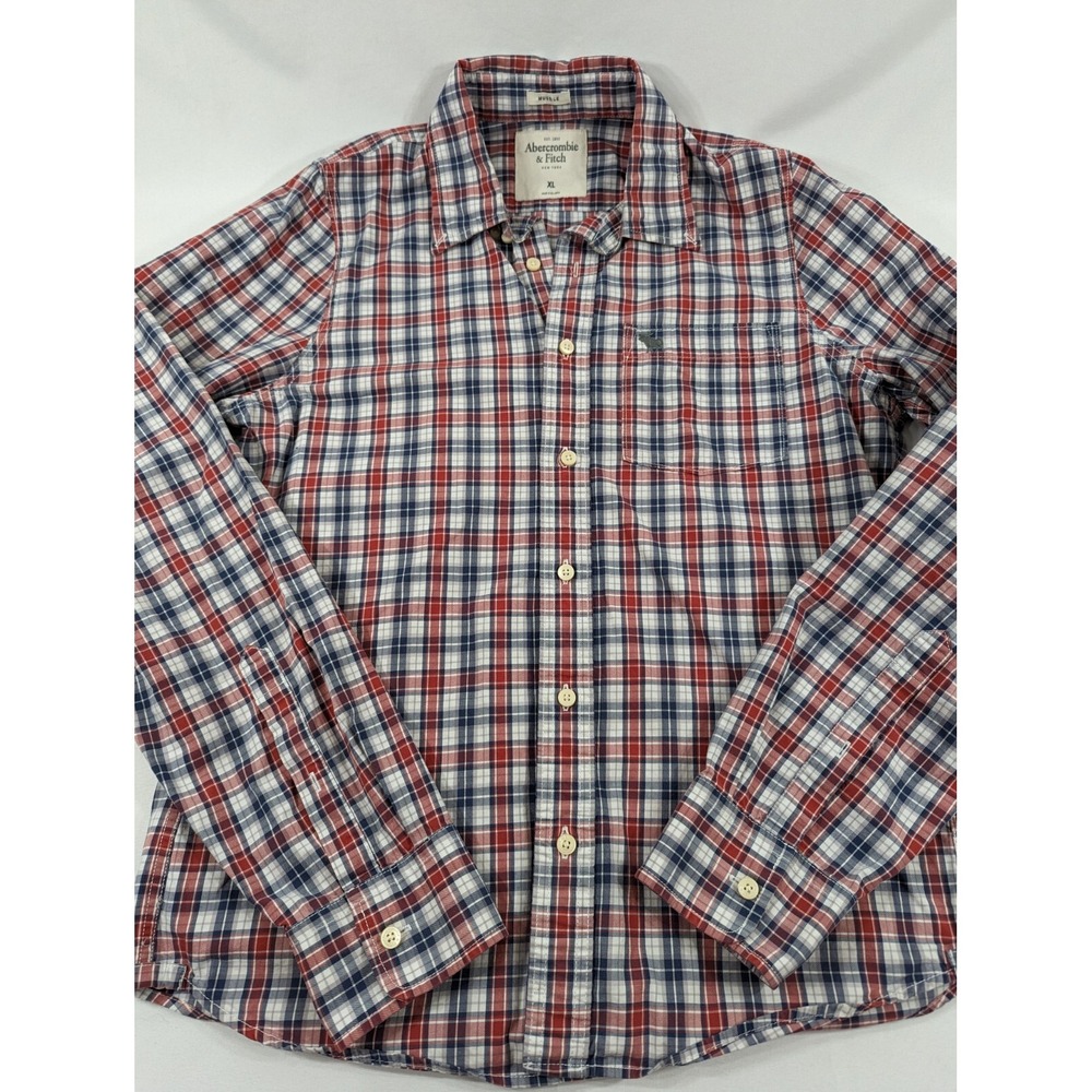 Vintage Abercrombie Fitch Mens Shirt Red Blue Plaid Muscle XL Slim Fit
